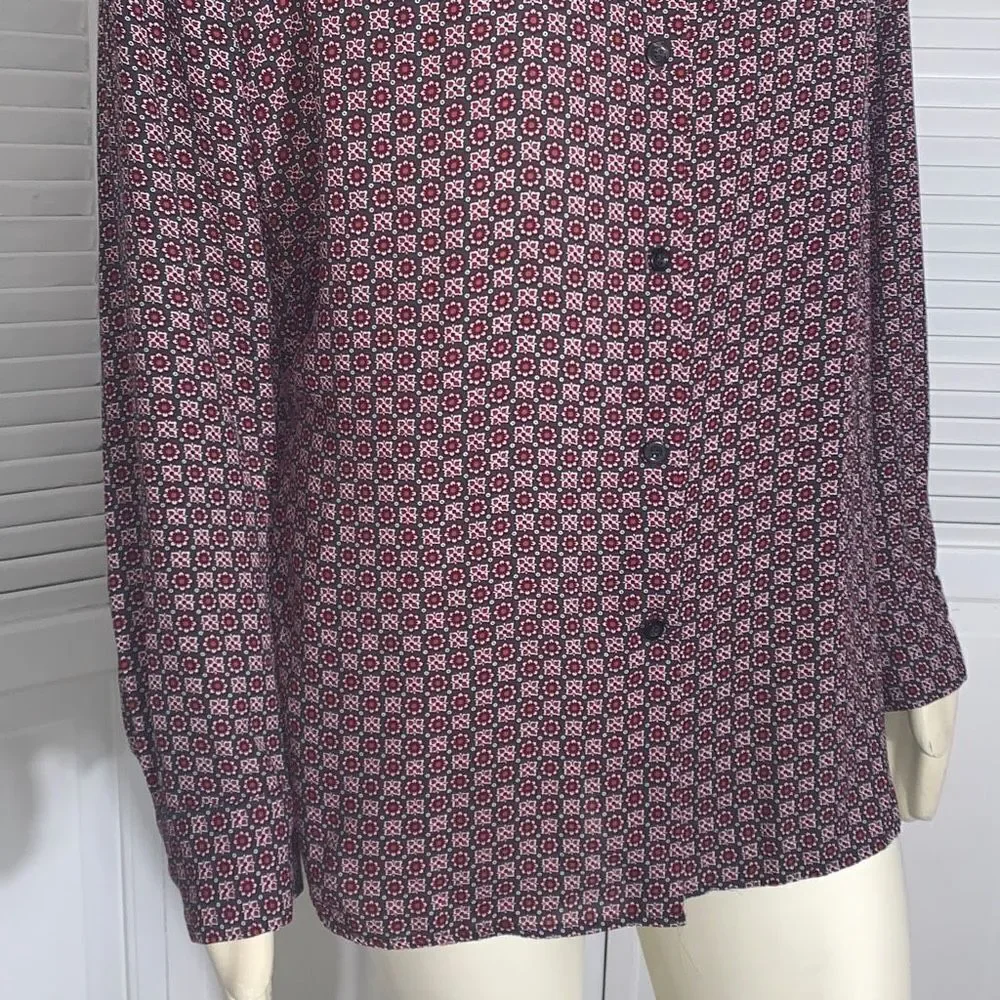 Vintage 90’s Chiffon Burgundy Wine Floral Retro Print Button Down Long Sleeve To
